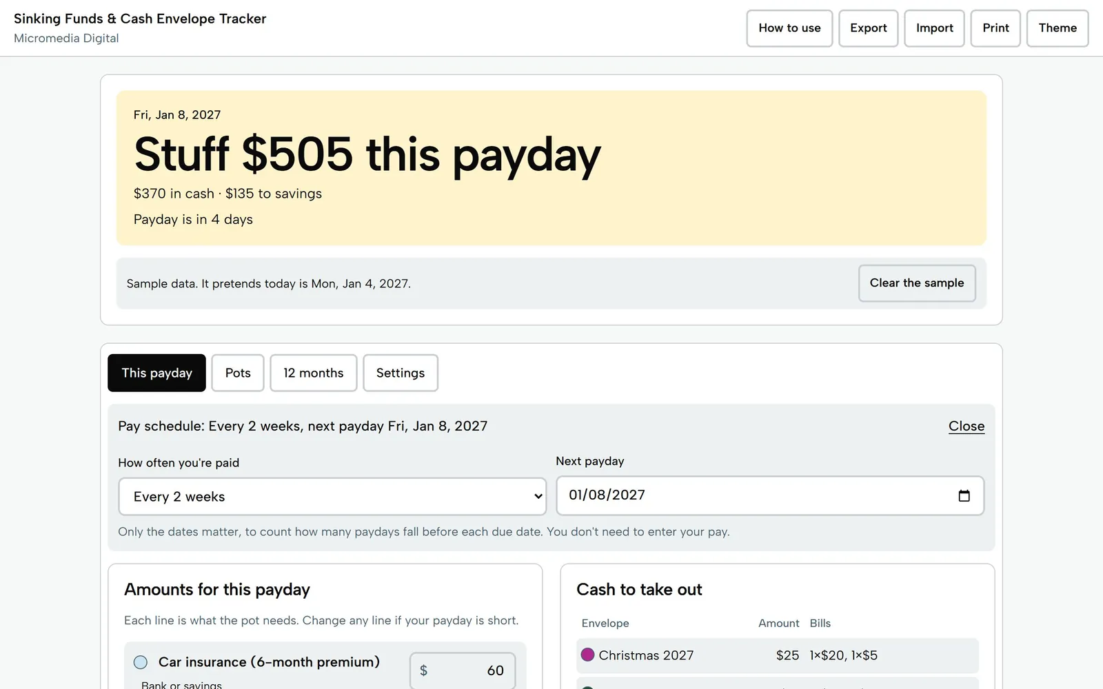 Sinking Funds & Cash Envelope Tracker on a laptop: $505 to put in the pots this payday, $370 in cash and $135 to savings