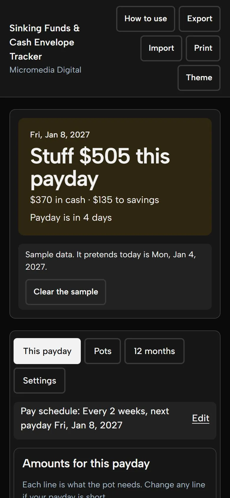 Sinking Funds & Cash Envelope Tracker on a phone in dark mode, showing the same payday screen