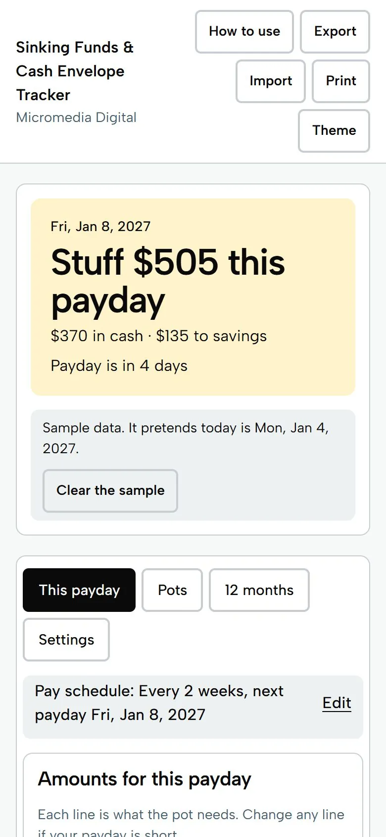 Sinking Funds & Cash Envelope Tracker on a phone, light mode: stuff $505 this payday, split into cash and savings