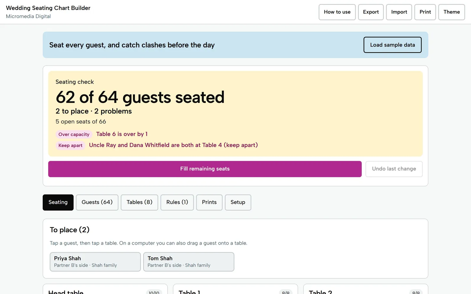 Wedding Seating Chart Builder on a laptop: 62 of 64 guests seated, with a warning that Table 6 is over by 1