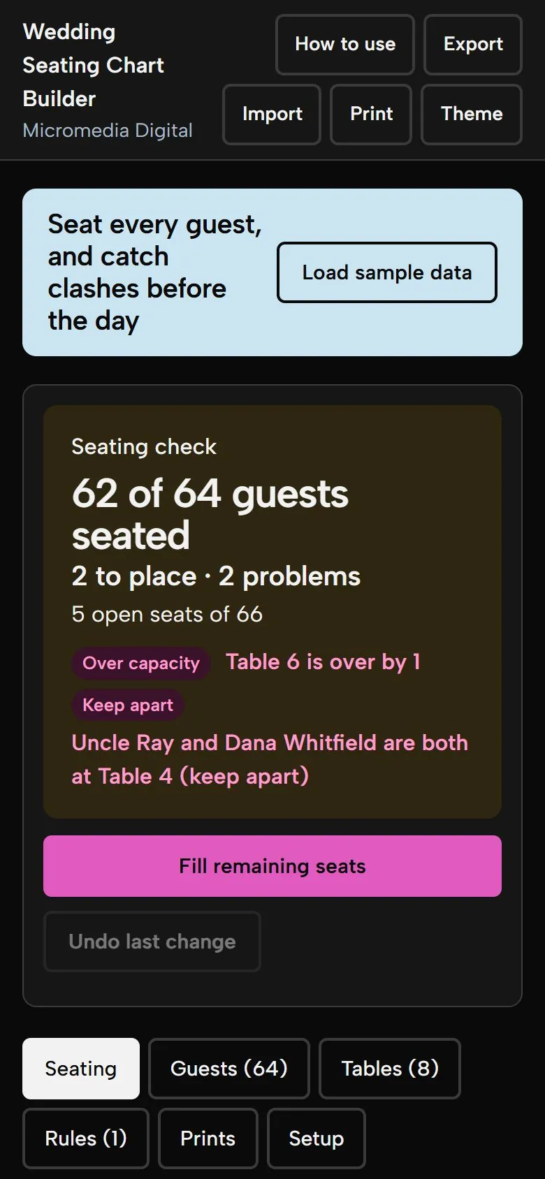 Wedding Seating Chart Builder on a phone in dark mode, showing the same seating check