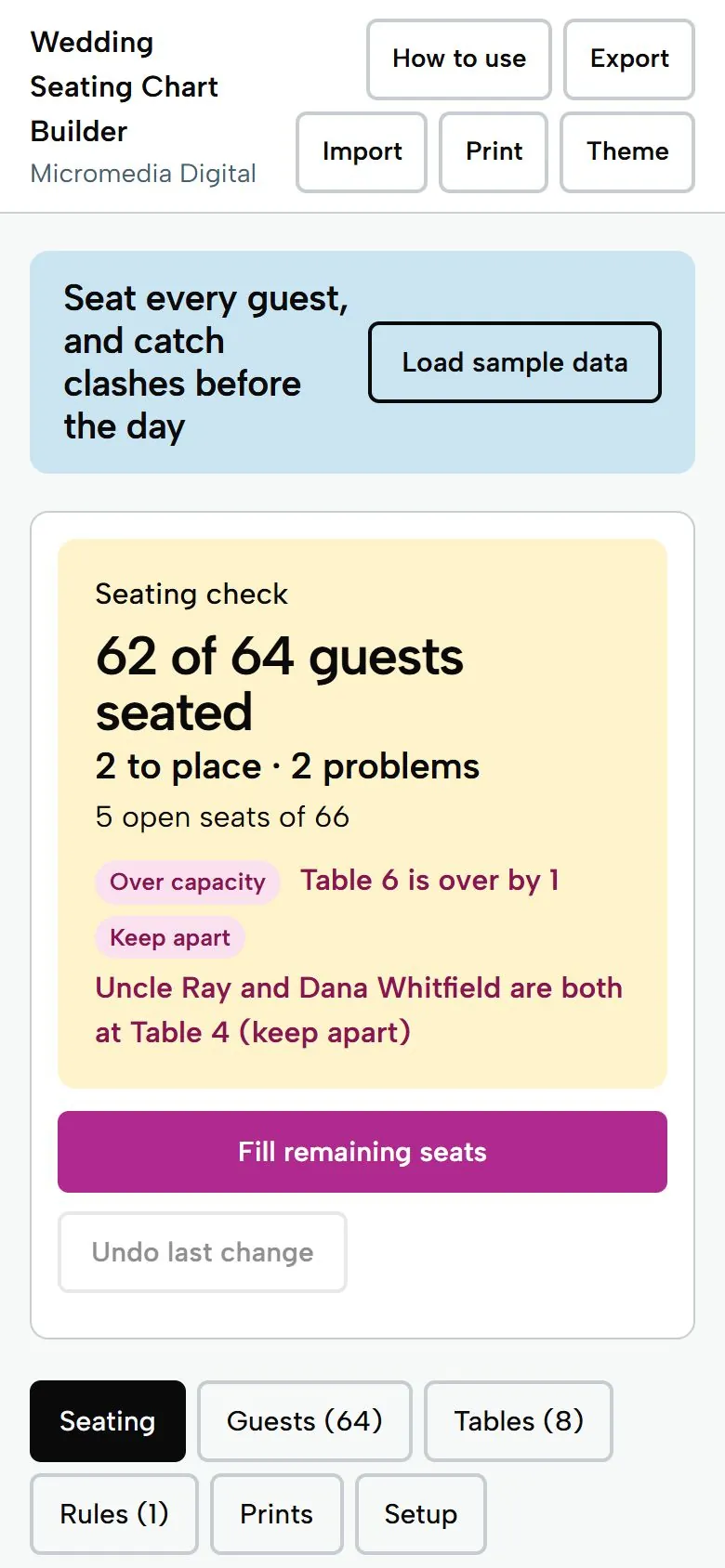 Wedding Seating Chart Builder on a phone, light mode: 62 of 64 guests seated, 2 to place and 2 problems