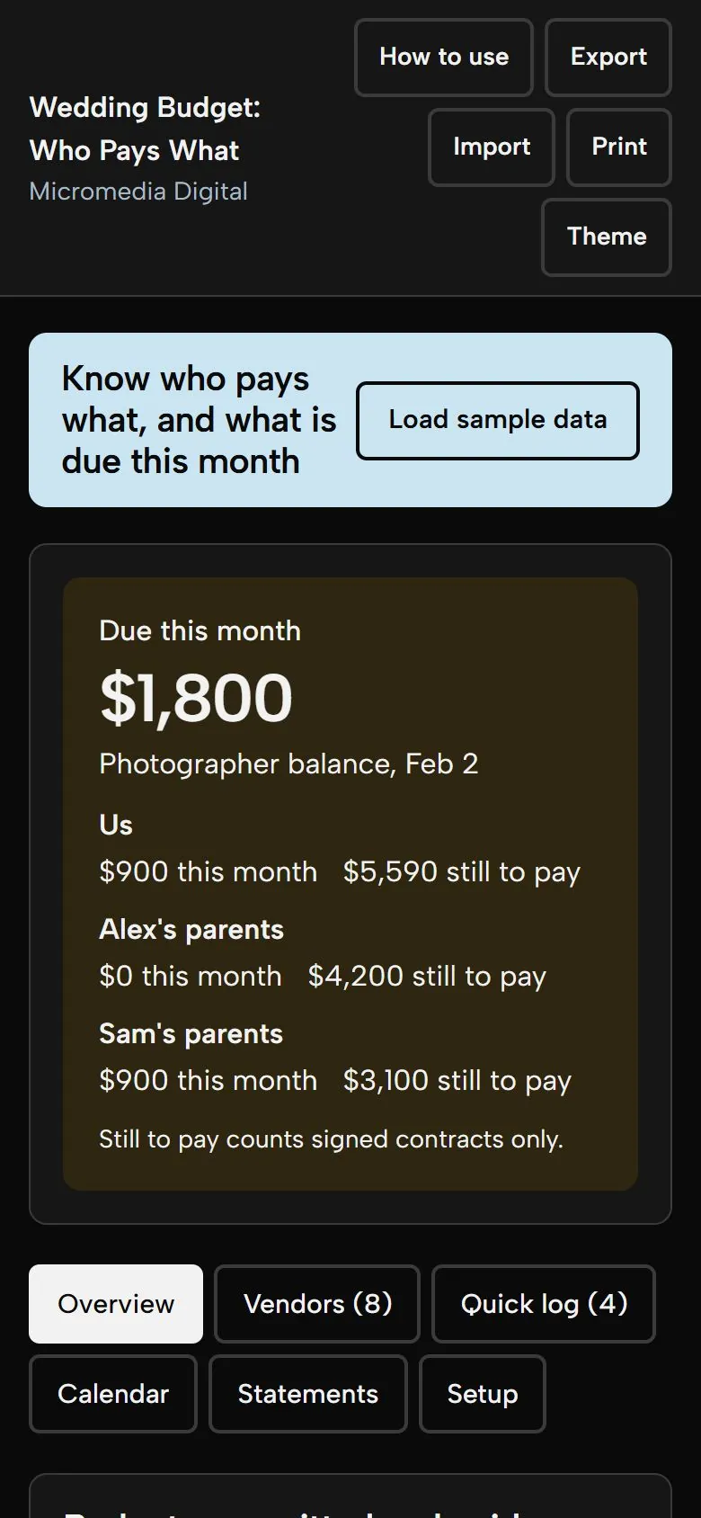 Wedding Budget: Who Pays What on a phone in dark mode, showing $1,800 due this month