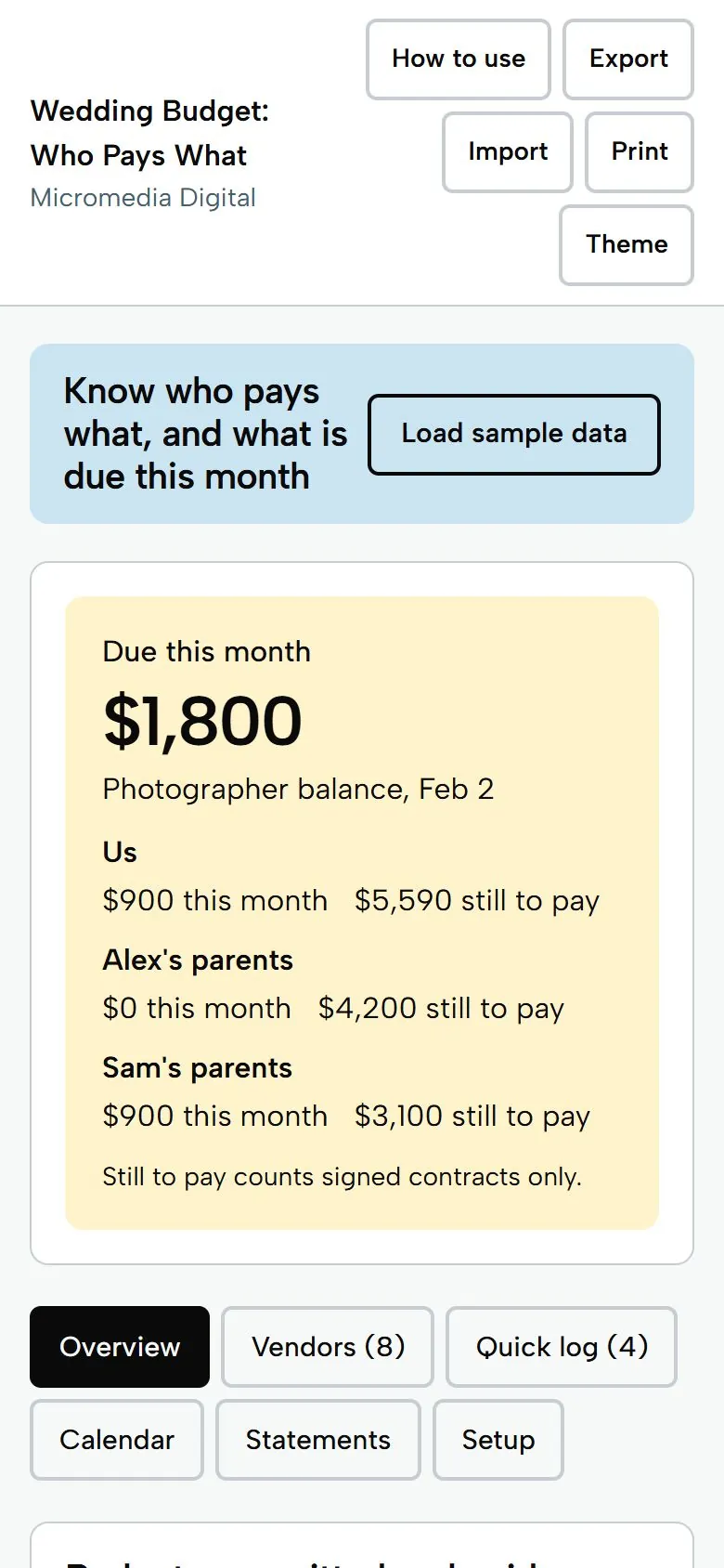 Wedding Budget: Who Pays What on a phone, light mode, showing what is due this month and each payer's share