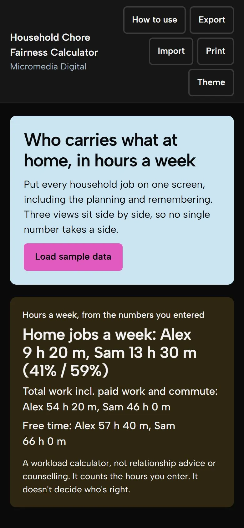 Household Chore Fairness Calculator on a phone in dark mode, showing the same three views