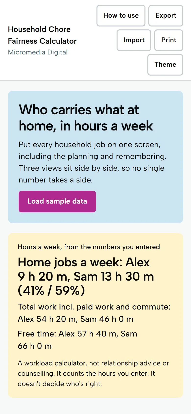 Household Chore Fairness Calculator on a phone, light mode: home jobs a week, total work and free time for two people