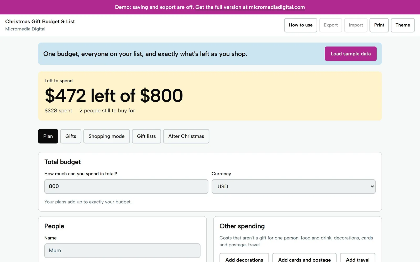 Christmas Gift Budget & List on a laptop: $472 left of $800, $328 spent, 2 people still to buy for