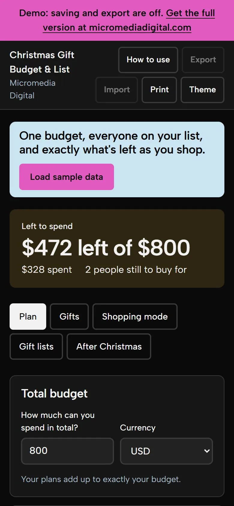 Christmas Gift Budget & List on a phone in dark mode, showing the same budget
