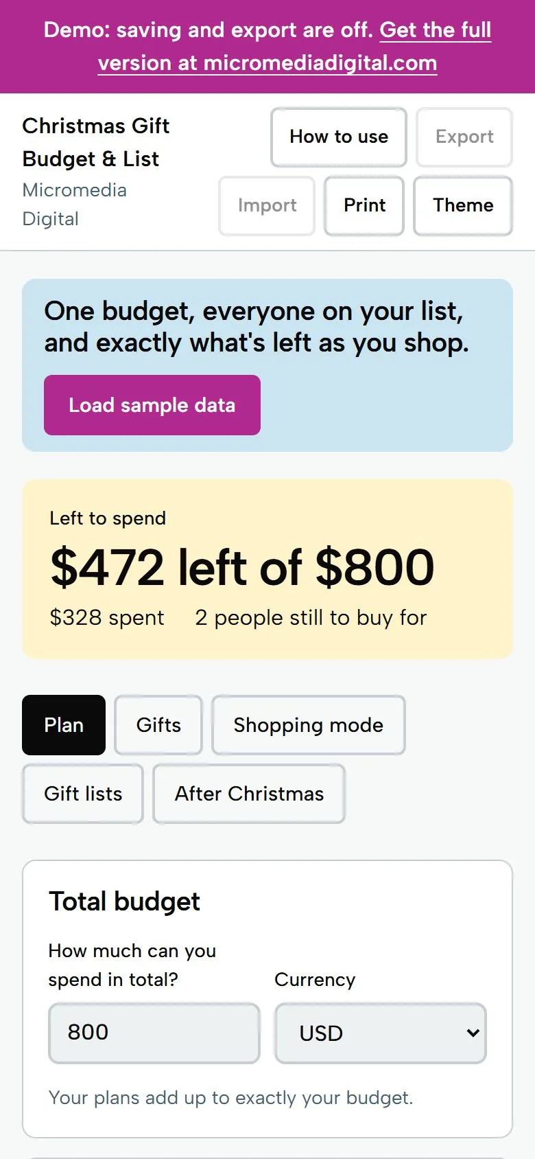 Christmas Gift Budget & List on a phone, light mode, showing what's left to spend