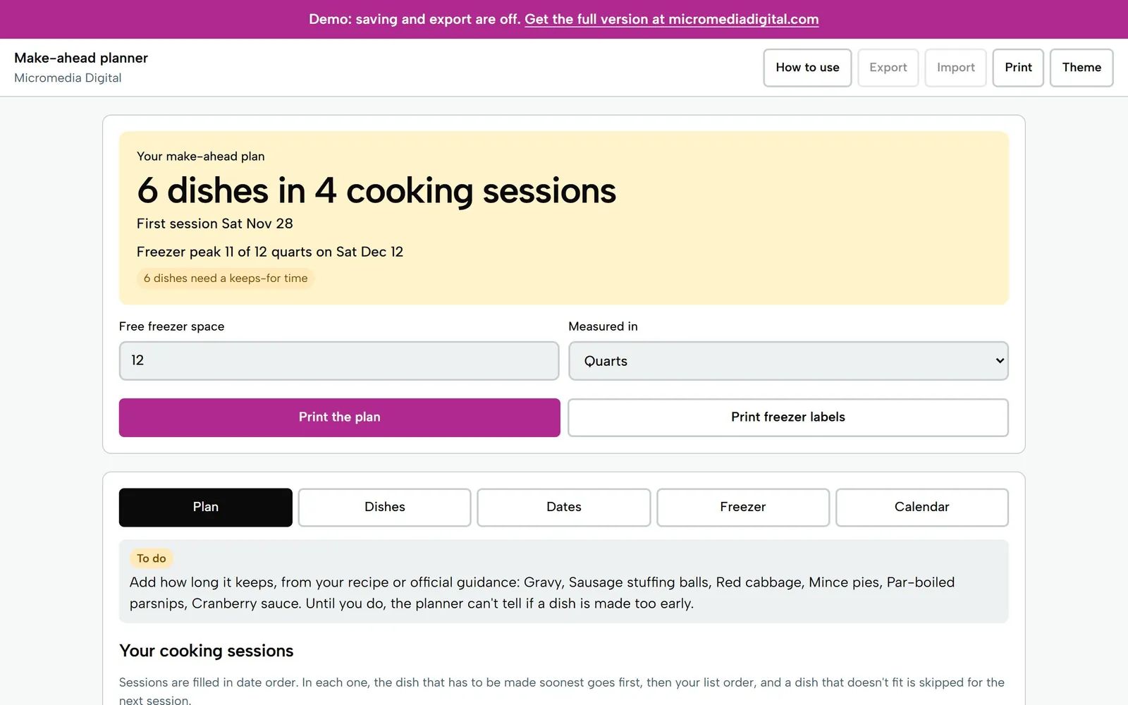 Christmas Make-Ahead & Freezer Planner on a laptop: 6 dishes in 4 cooking sessions, with a freezer peak of 11 of 12 quarts