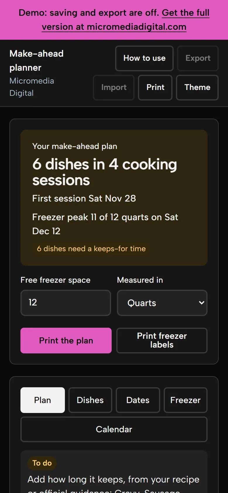 Christmas Make-Ahead & Freezer Planner on a phone in dark mode, showing the same plan