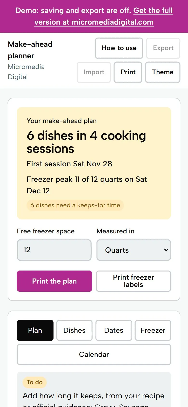 Christmas Make-Ahead & Freezer Planner on a phone, light mode: the plan headline and the freezer peak
