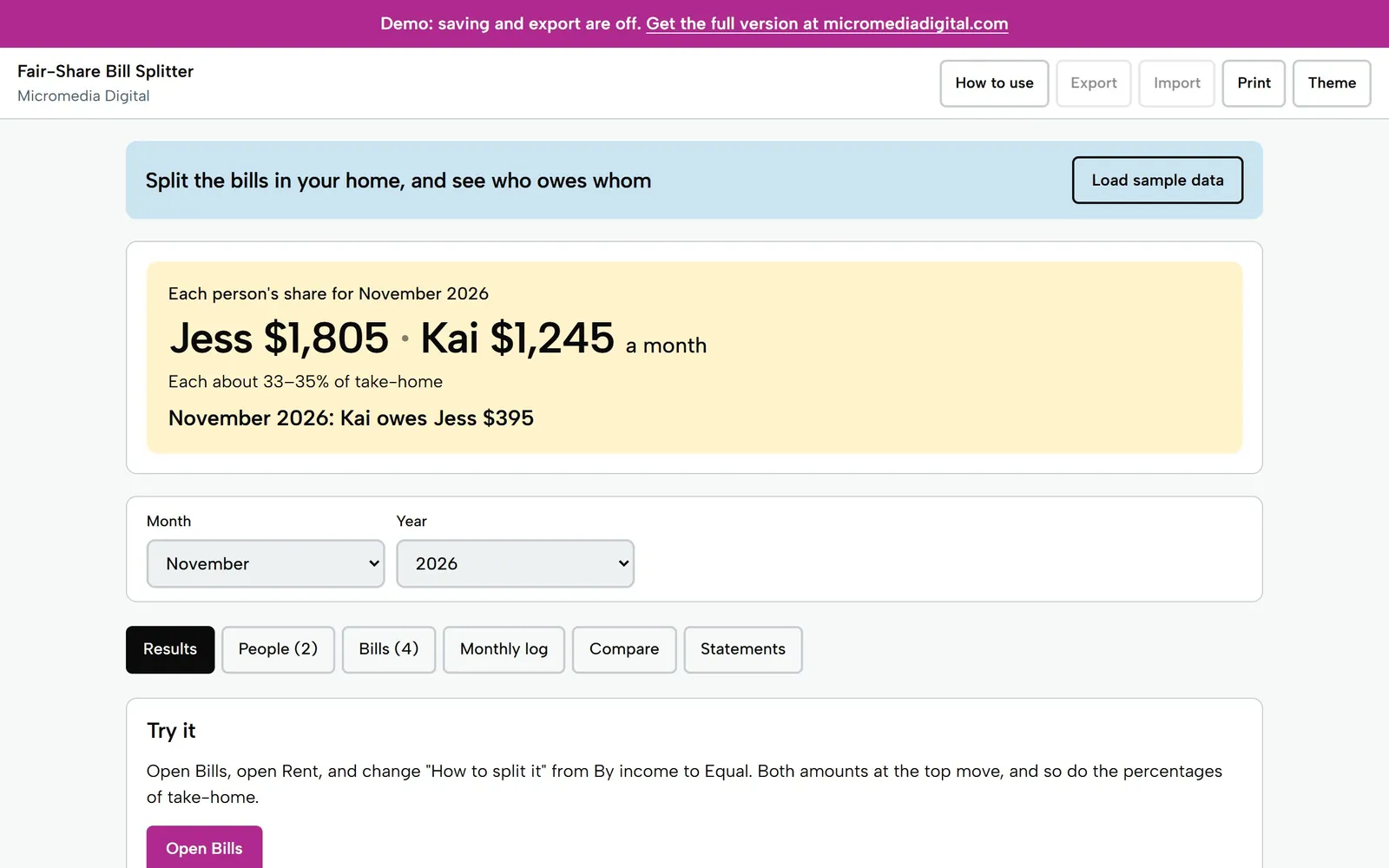 Fair-Share Bill Splitter on a laptop: Jess pays $1,805 and Kai $1,245 a month, and Kai owes Jess $395 for November 2026