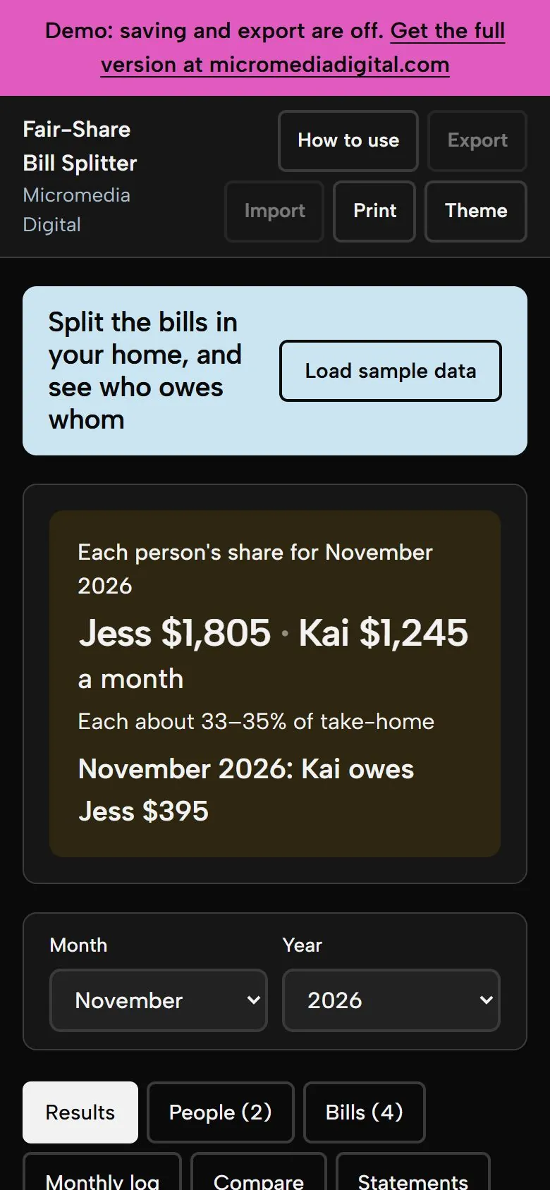 Fair-Share Bill Splitter on a phone in dark mode, showing the same shares