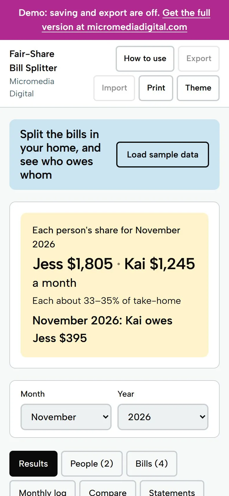 Fair-Share Bill Splitter on a phone, light mode: each person's share of the month's bills and who owes whom