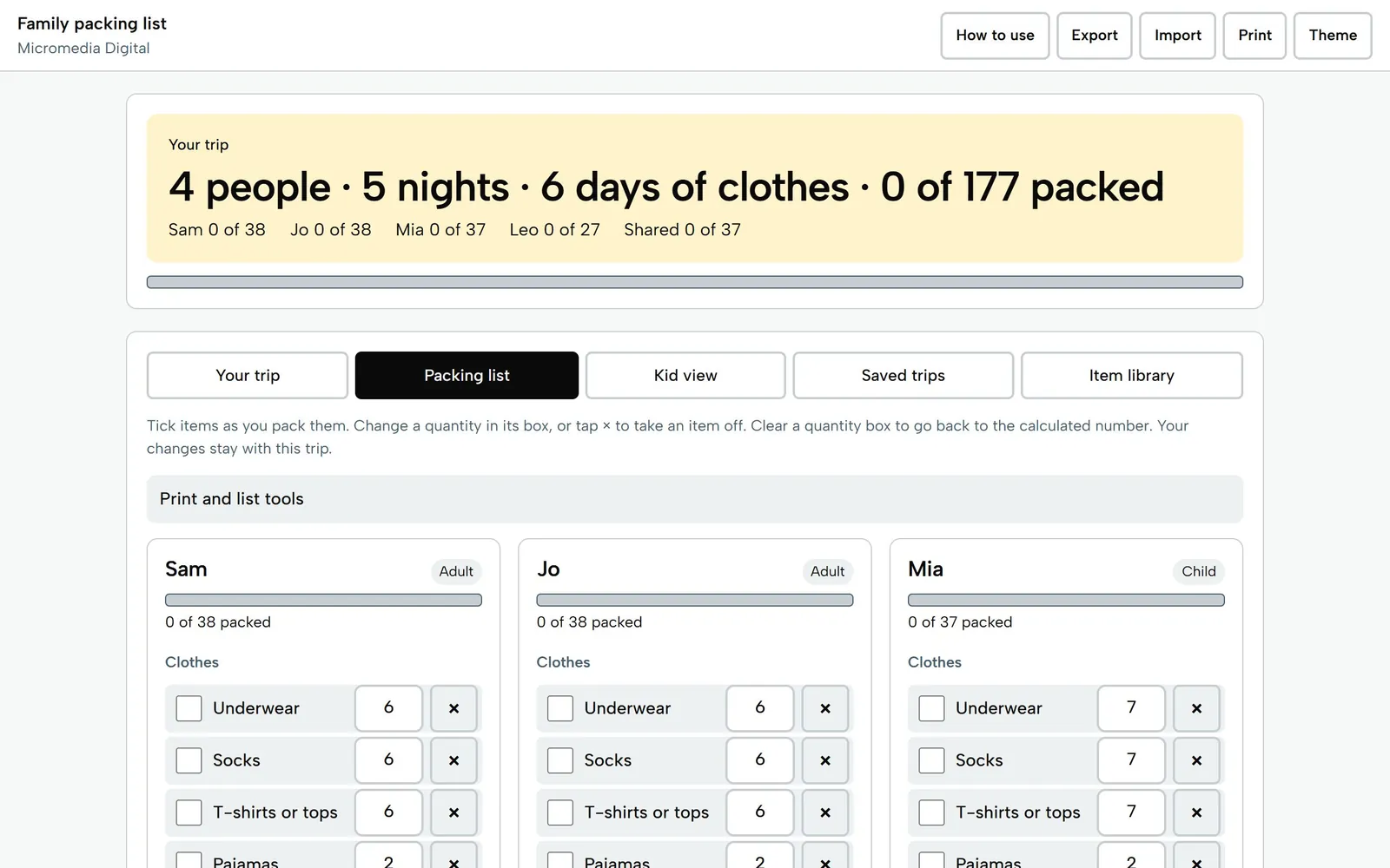 Family Packing List Builder on a laptop: a 4 person, 5 night trip with 177 items across four people and a shared list