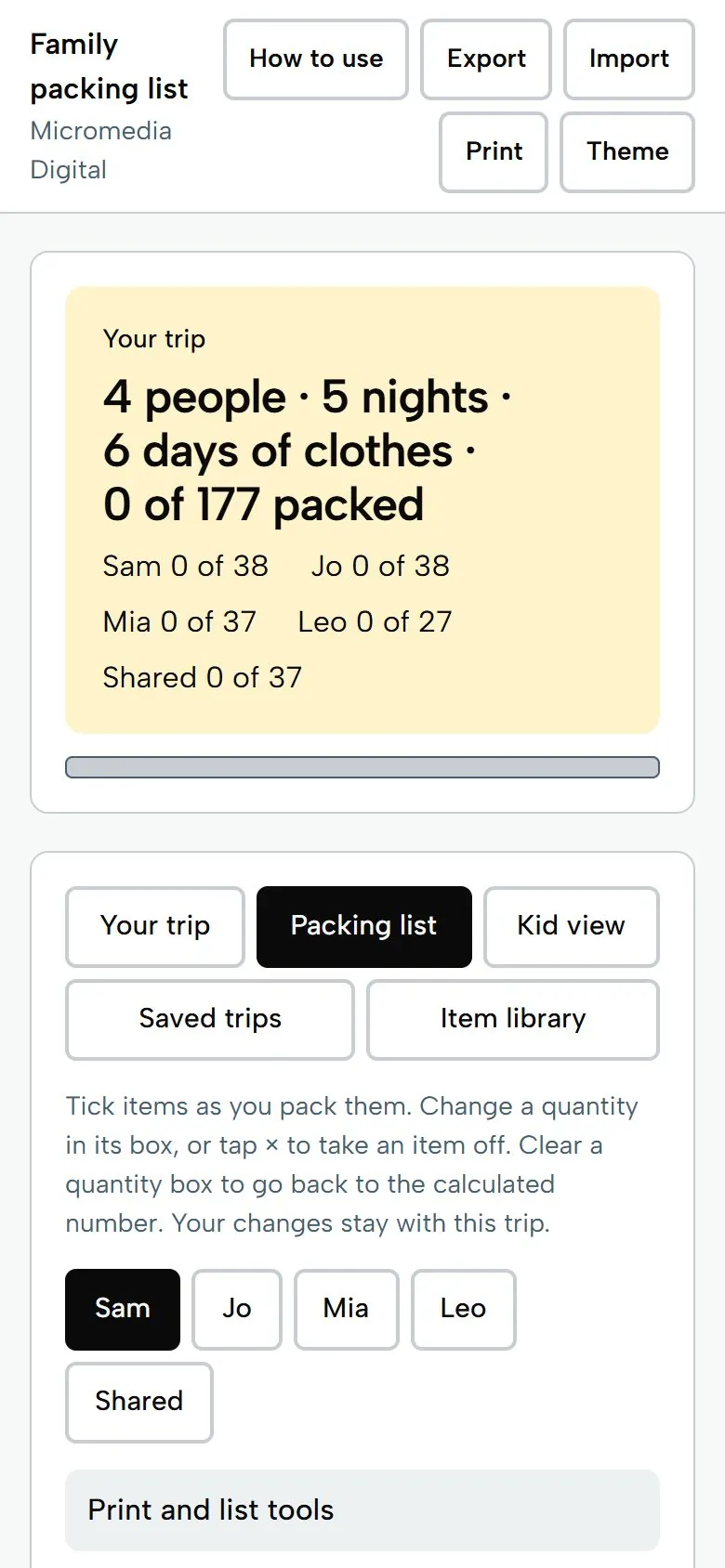 Family Packing List Builder on a phone, light mode: 4 people, 5 nights, 6 days of clothes, 177 items to pack