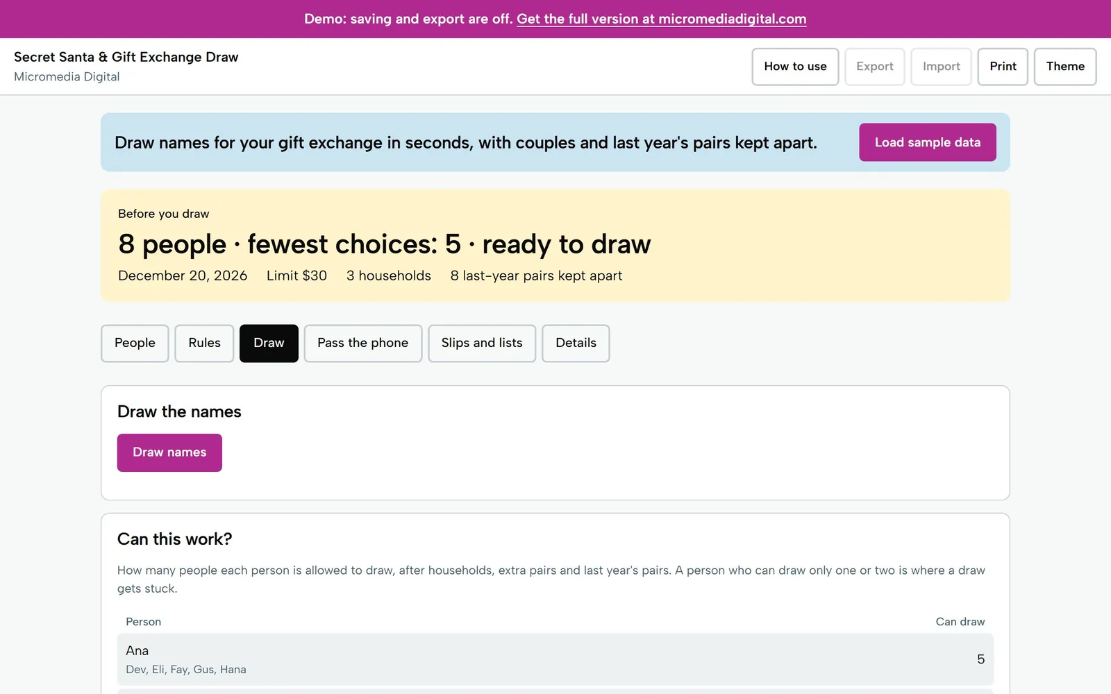 Secret Santa & Gift Exchange Draw on a laptop: 8 people, fewest choices 5, ready to draw, with a Can this work? list
