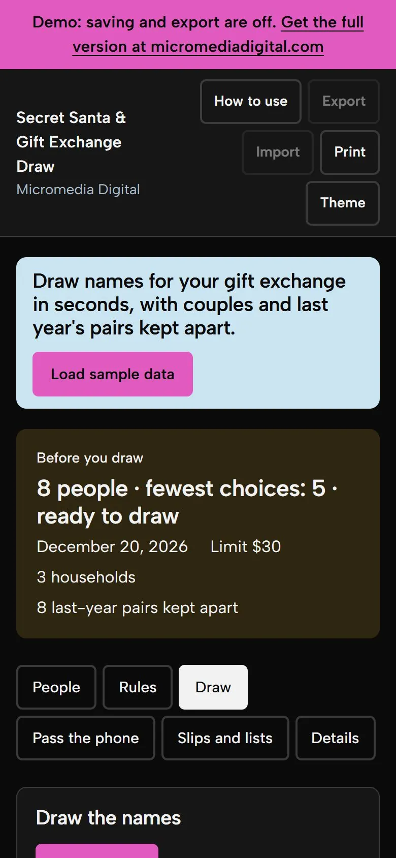 Secret Santa & Gift Exchange Draw on a phone in dark mode, showing the same screen