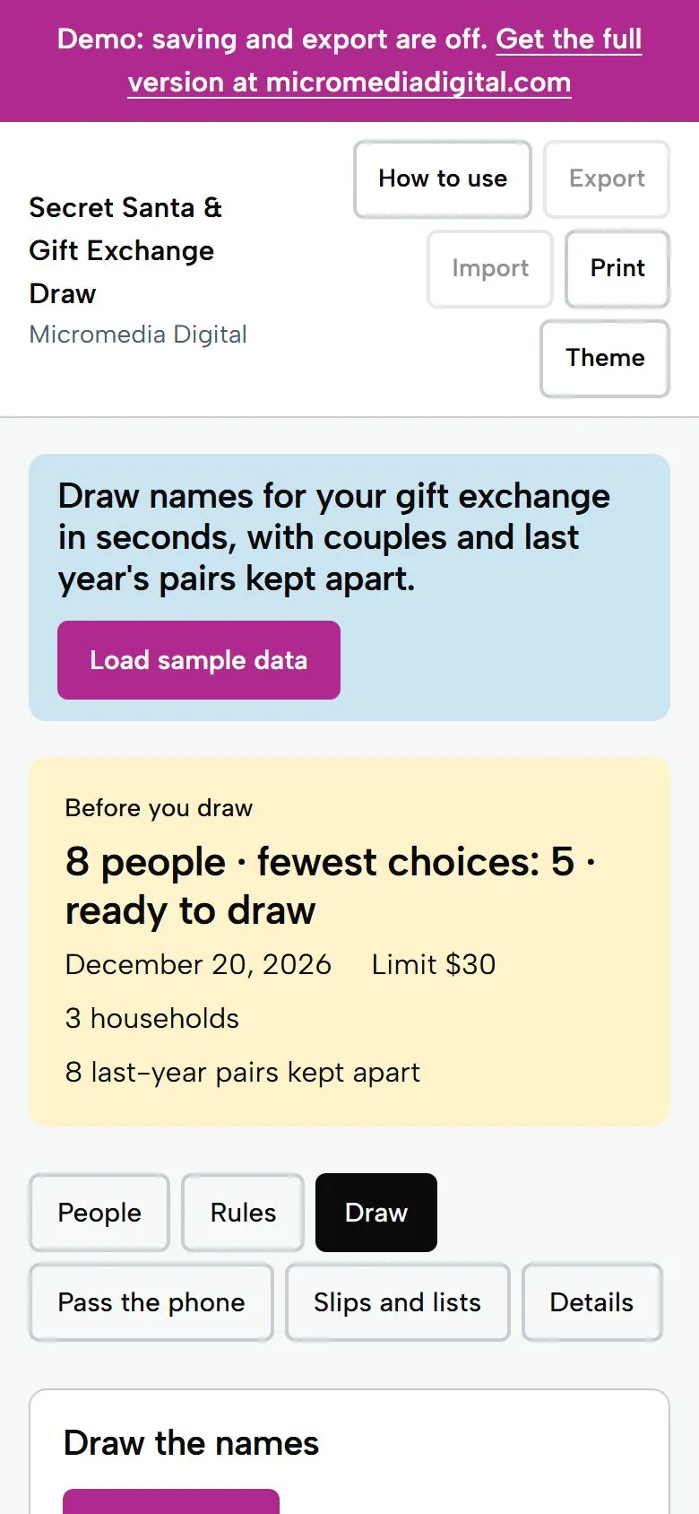 Secret Santa & Gift Exchange Draw on a phone, light mode: 8 people ready to draw, with households and last year's pairs kept apart