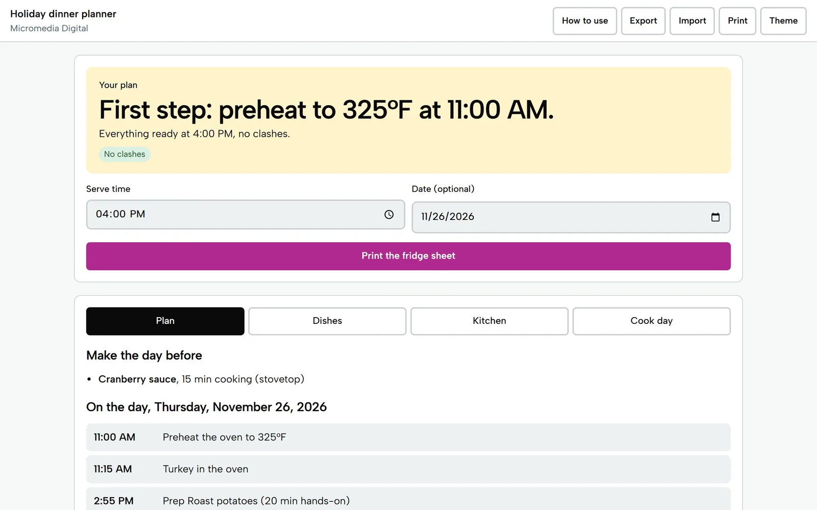 Holiday Dinner Cook-Timing Planner on a laptop: first step is to preheat to 325 F at 11:00 AM, with everything ready at 4:00 PM