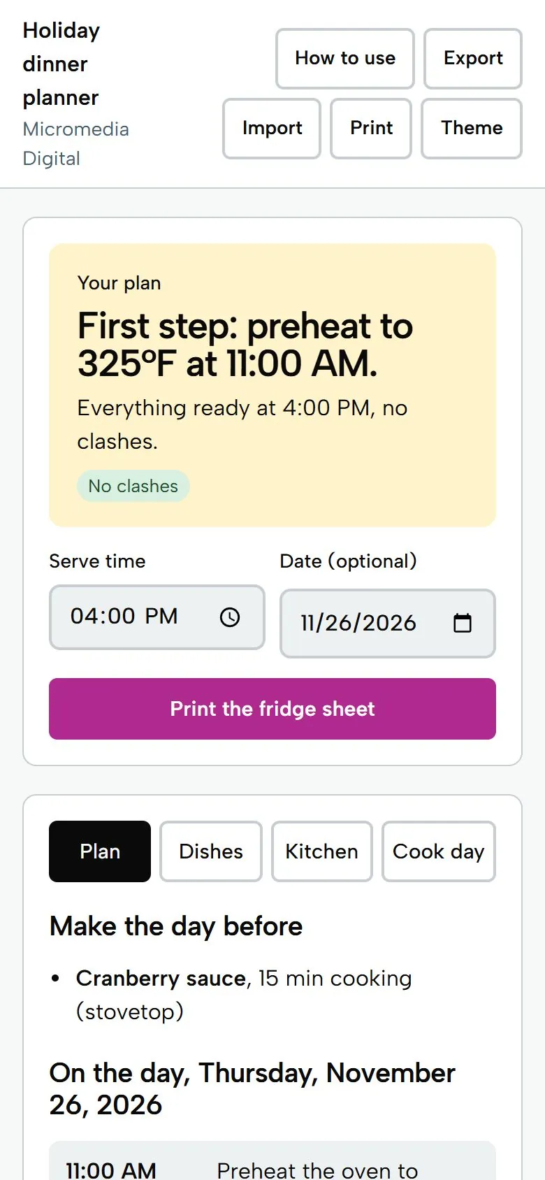 Holiday Dinner Cook-Timing Planner on a phone, light mode: first step preheat to 325 F at 11:00 AM, no clashes