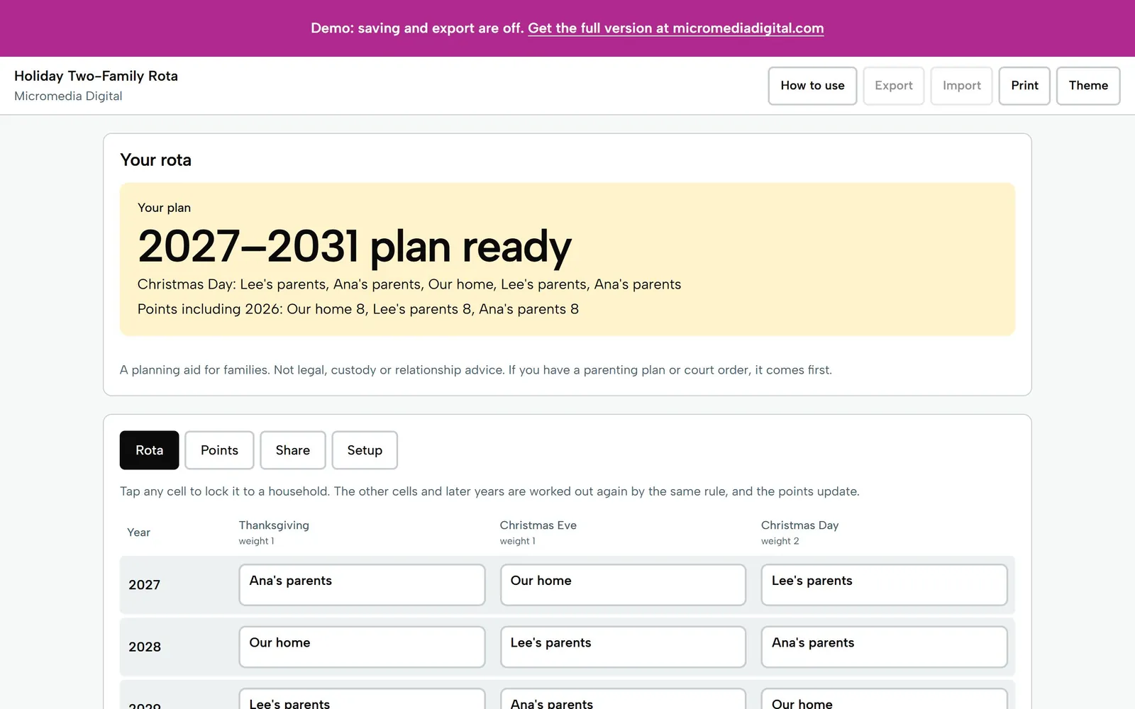 Holiday Two-Family Rota on a laptop: a five-year plan for Our home, Lee's parents and Ana's parents across Thanksgiving, Christmas Eve and Christmas Day, with points of 8 each