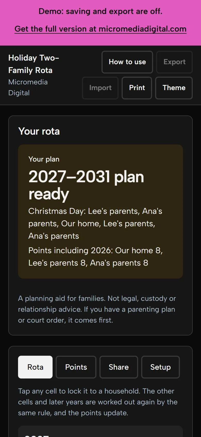 Holiday Two-Family Rota on a phone in dark mode, showing the same plan