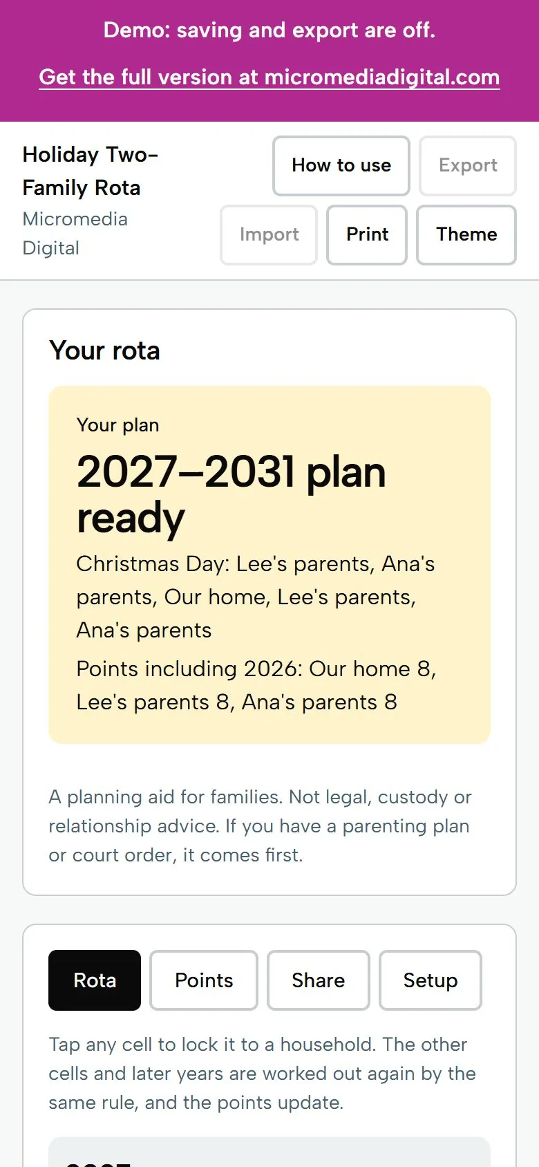 Holiday Two-Family Rota on a phone, light mode: the plan summary and the first rows of the rota