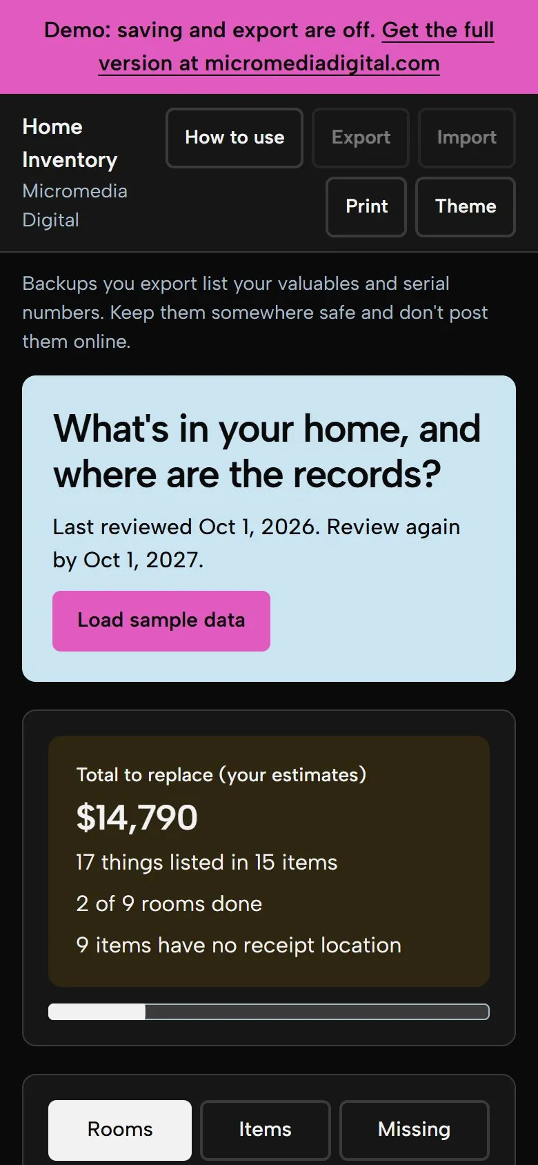 Home Inventory on a phone in dark mode, showing the same total and rooms