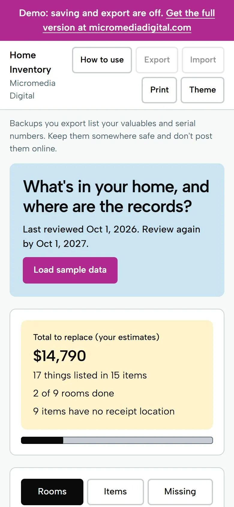 Home Inventory on a phone, light mode: the total to replace and the rooms list