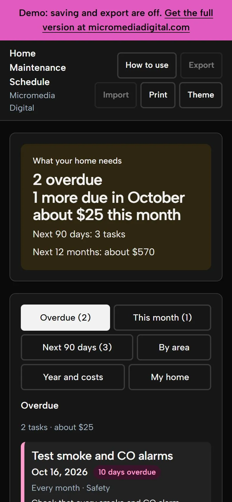 Home Maintenance Schedule on a phone in dark mode, showing the same list