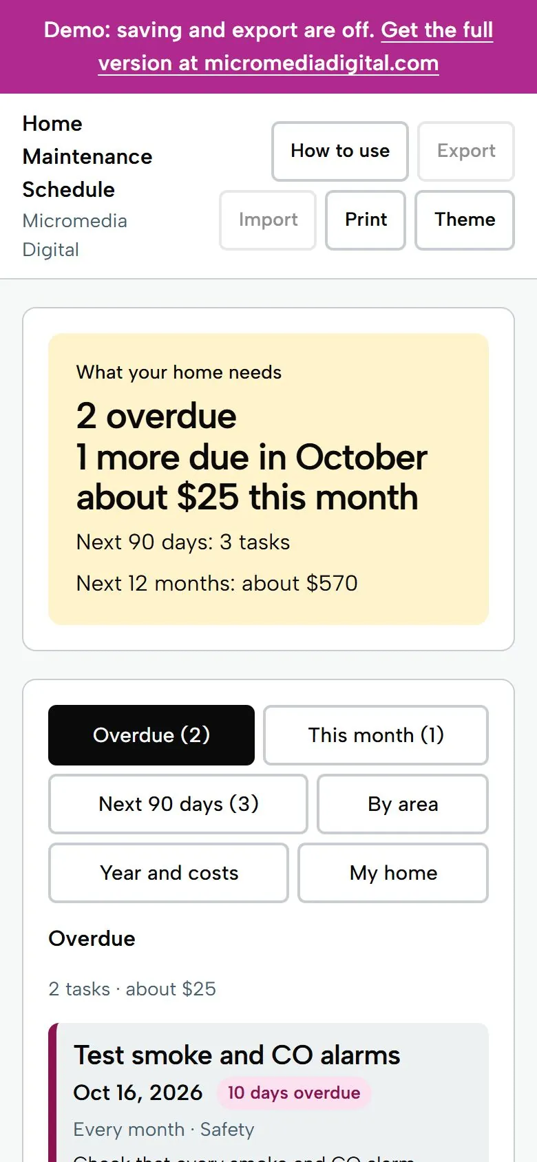 Home Maintenance Schedule on a phone, light mode: what your home needs, with overdue jobs listed