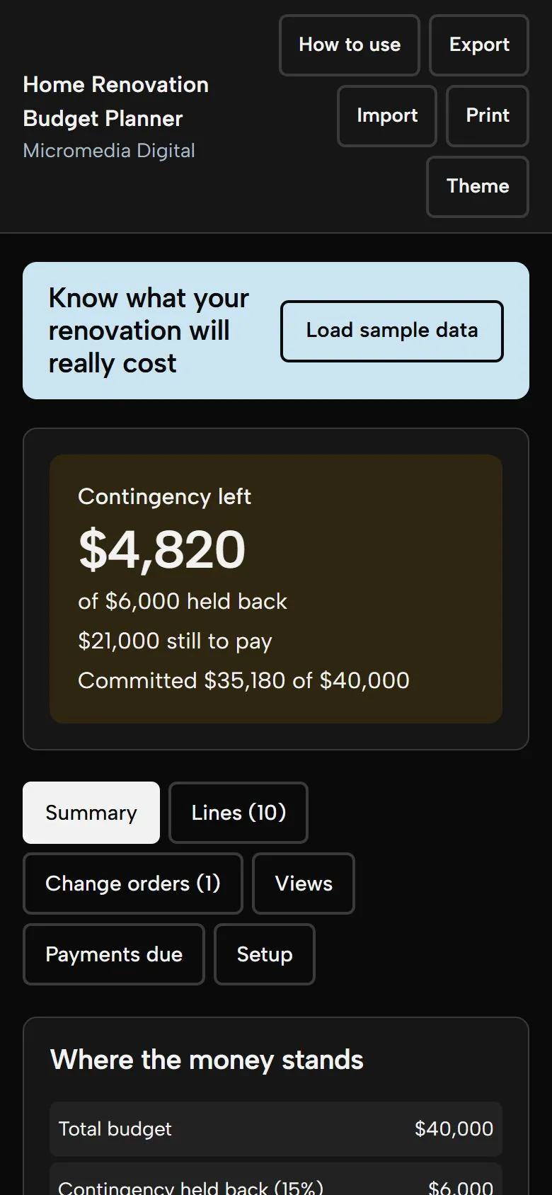 Home Renovation Budget Planner on a phone in dark mode, showing the same summary