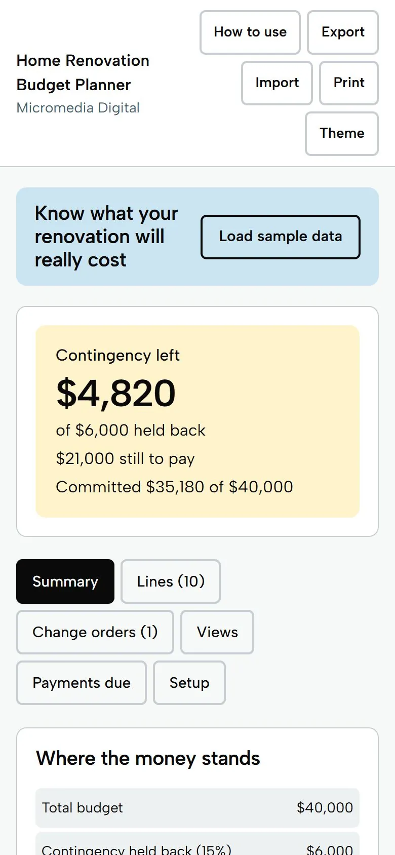Home Renovation Budget Planner on a phone, light mode: $4,820 contingency left, $21,000 still to pay