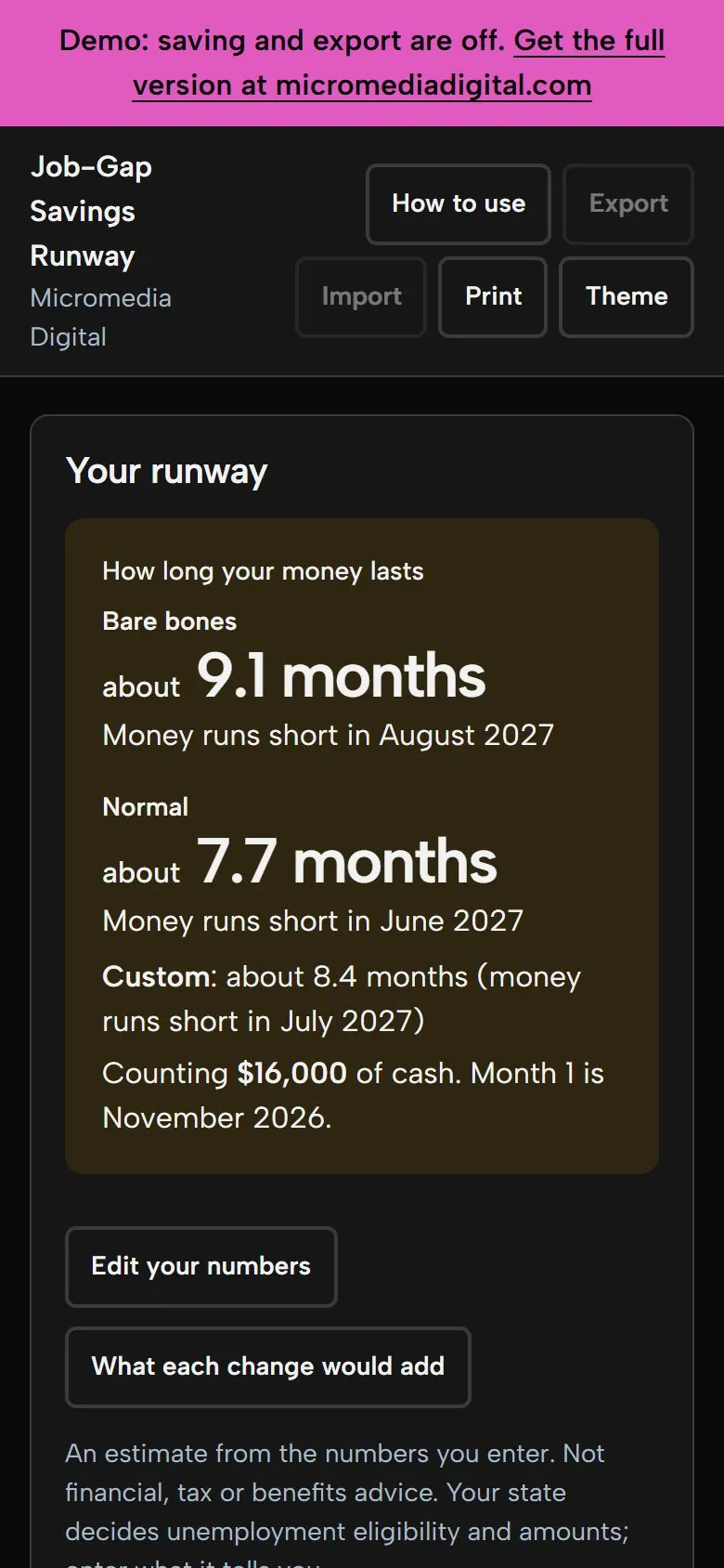 Job-Gap Savings Runway on a phone in dark mode, showing the same runway