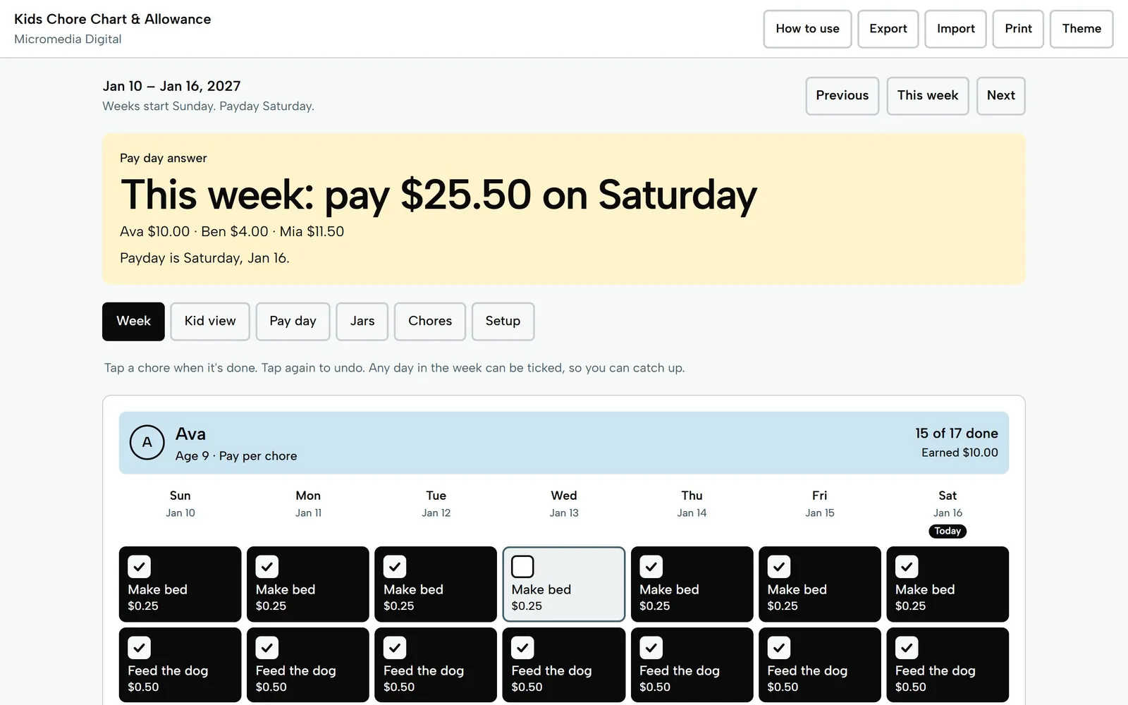 Kids Chore Chart & Allowance on a laptop: this week's pay of $25.50 across three kids, with the week chart below
