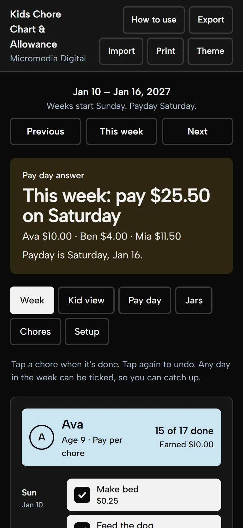 Kids Chore Chart & Allowance on a phone in dark mode, showing the same week