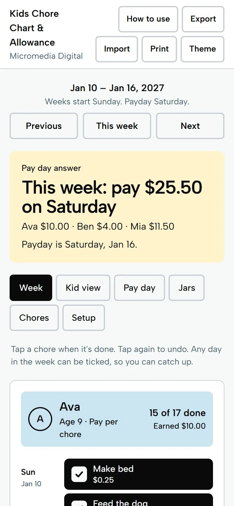 Kids Chore Chart & Allowance on a phone, light mode: pay $25.50 on Saturday, with each child's amount