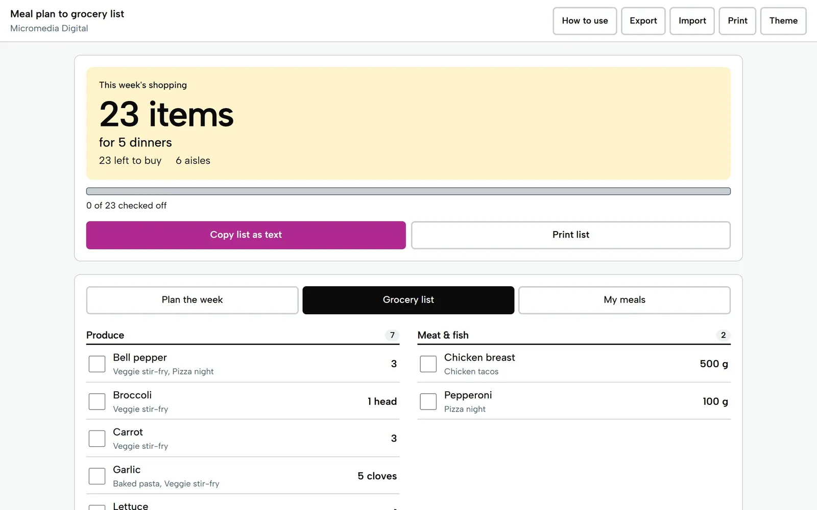 Meal Plan to Grocery List on a laptop: 23 items for 5 dinners across 6 aisles, with the produce and meat lists below