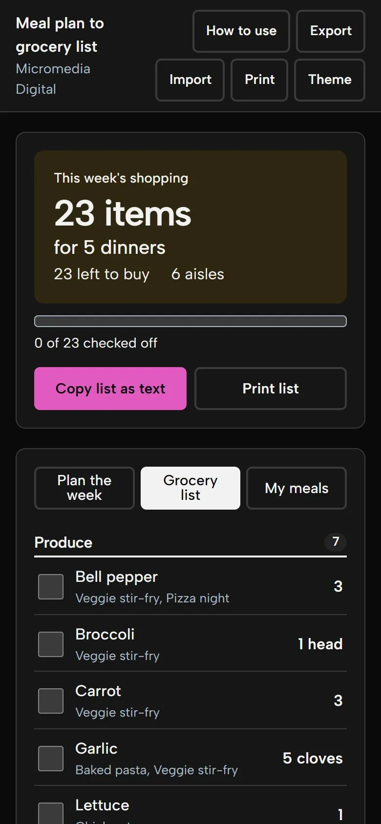 Meal Plan to Grocery List on a phone in dark mode, showing the same list