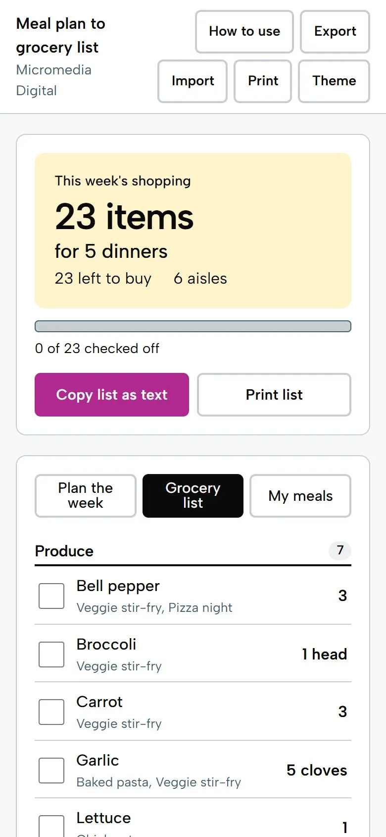 Meal Plan to Grocery List on a phone, light mode, showing the 23-item grocery list