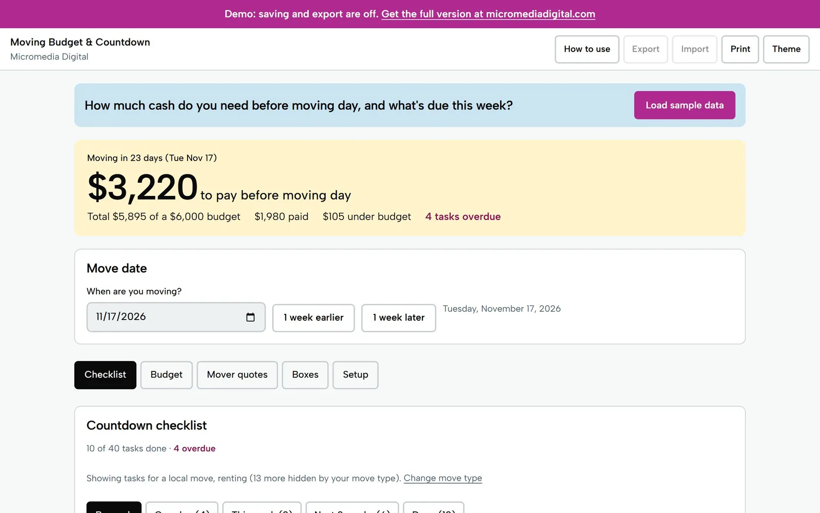 Moving Budget & Countdown on a laptop: $3,220 to pay before moving day, with a total of $5,895 against a $6,000 budget