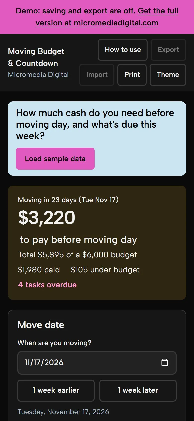 Moving Budget & Countdown on a phone in dark mode, showing the same answer