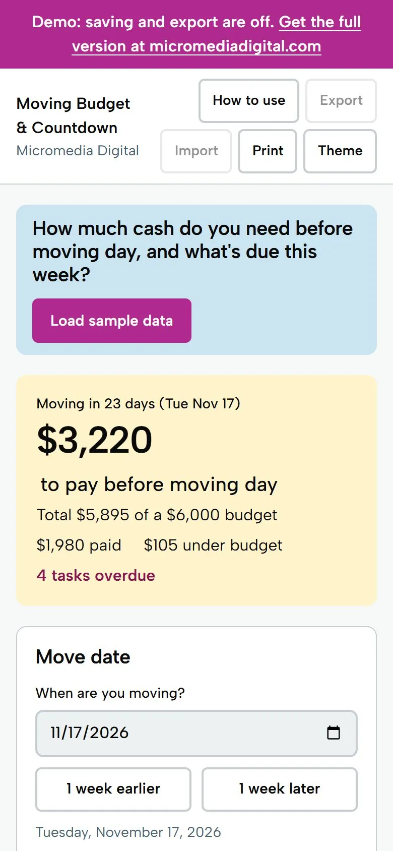 Moving Budget & Countdown on a phone, light mode: $3,220 to pay before moving day, $1,980 paid, $105 under budget