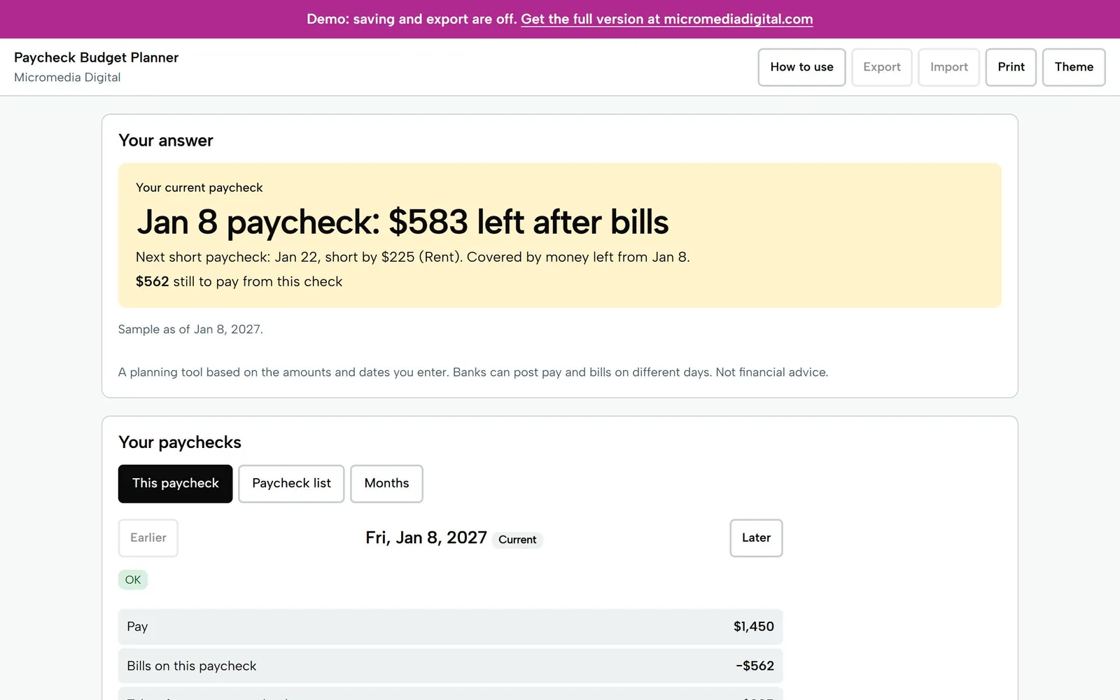 Paycheck Budget Planner on a laptop: the Jan 8 paycheck has $583 left after bills, and the next short paycheck is Jan 22