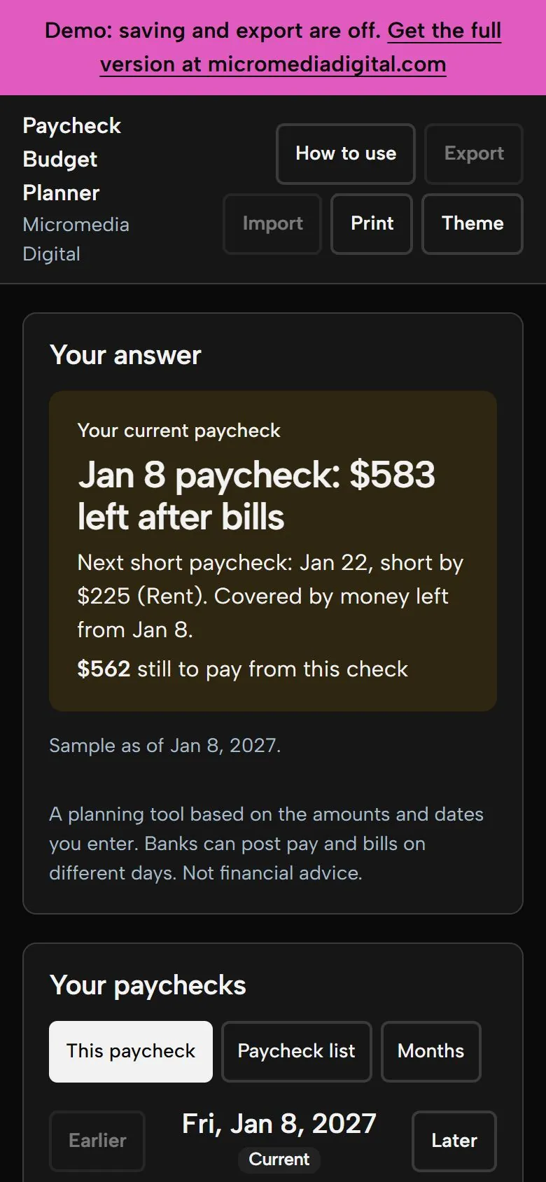 Paycheck Budget Planner on a phone in dark mode, showing the same answer