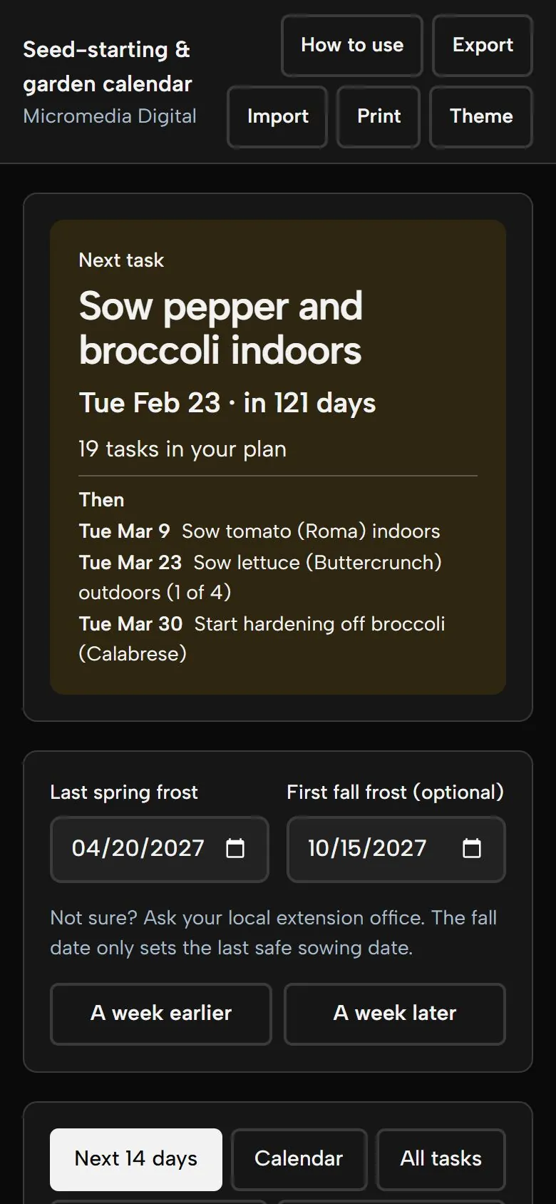 Seed-Starting & Garden Calendar on a phone in dark mode, showing the same plan