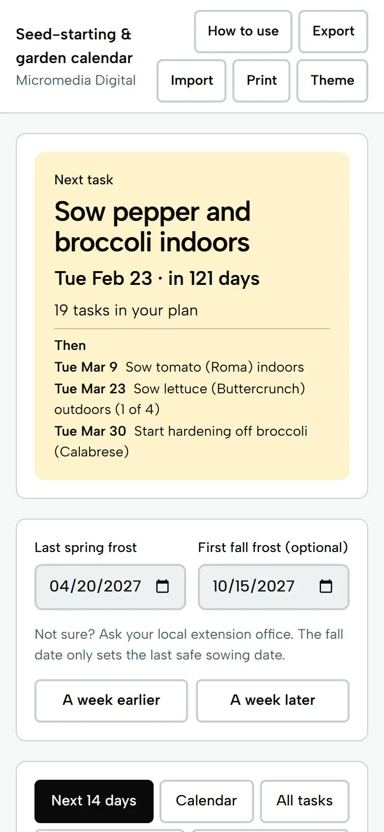Seed-Starting & Garden Calendar on a phone, light mode: next task, the last frost date and the next 14 days