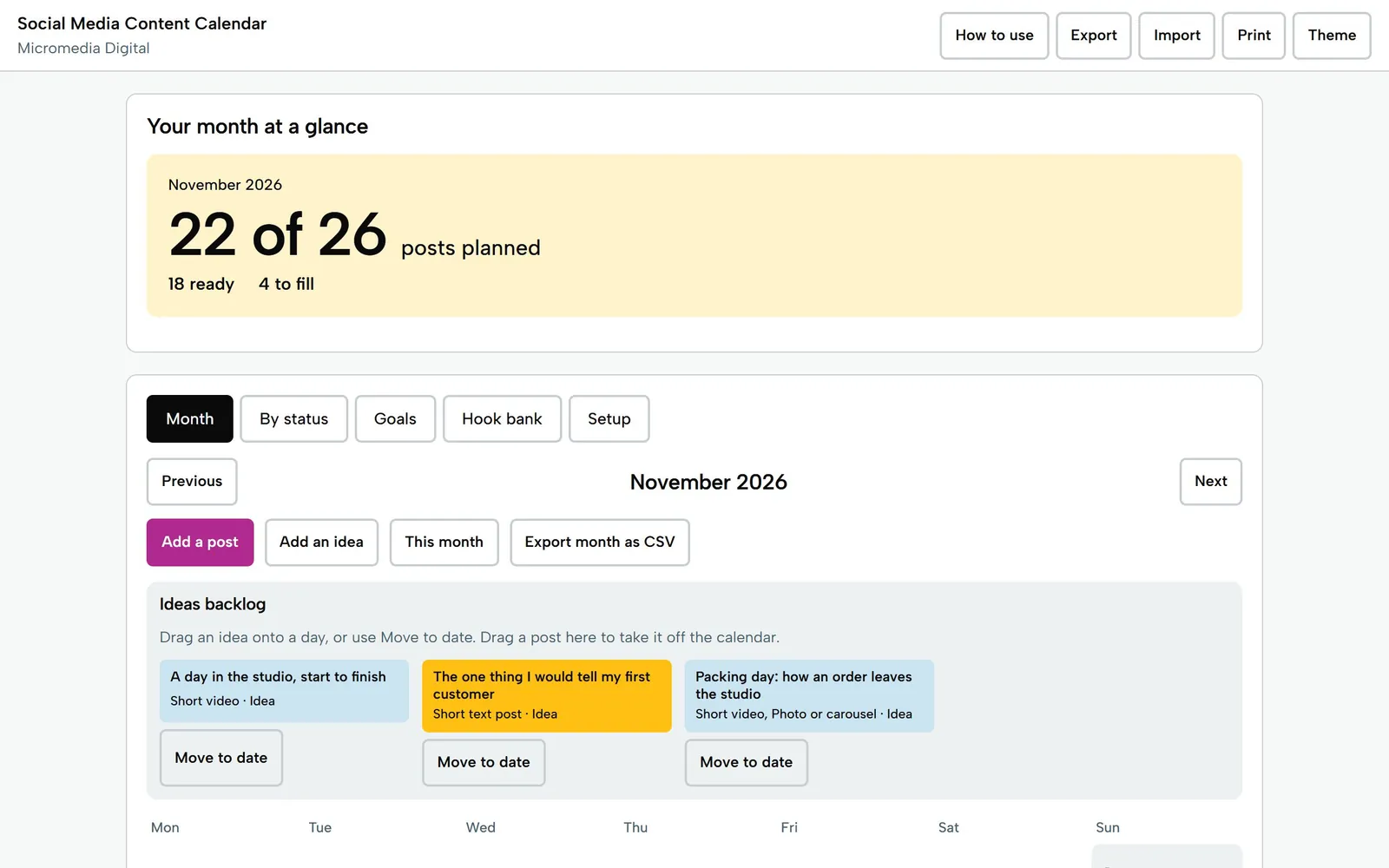 Social Media Content Calendar on a laptop: November 2026, 22 of 26 posts planned, 18 ready and 4 to fill